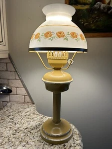 Metal Tole Lamp Floral hand painted milk glass shade - Picture 1 of 13