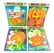 4 Glow in the Dark Vintage Halloween Pumpkin Ghost Skeleton Mummy Color Clings 