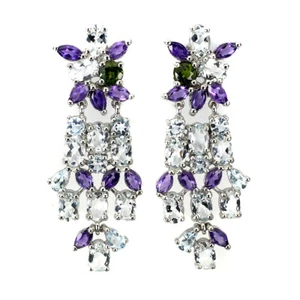 Estate 925 Orecchini Argento Ovale Acquamarina Ametista Cromo Diopside Gemma - Foto 1 di 10