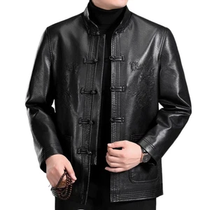 Chaqueta de Cuero Hombres Botón Tang Traje Bordado Estilo Chino Suelto Conjunto Abrigos - Imagen 1 de 17