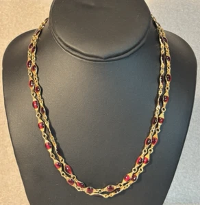 Gold Tone Ruby Colored Enamal Bead 36" Necklace #78 - Picture 1 of 7