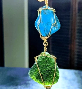MOLDAVITE & TURQUOISE Necklace Pendant LARGE IN REAL GOLD Synergy 12 Meteorite - Picture 1 of 9