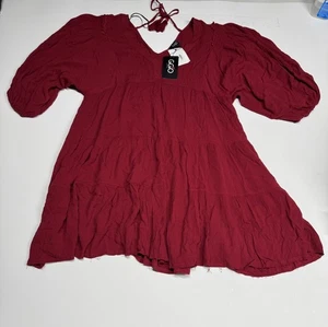Gigio Boho weinfarben einfarbig Mini Babydoll Kleid Puffärmel Größe M - Bild 1 von 9
