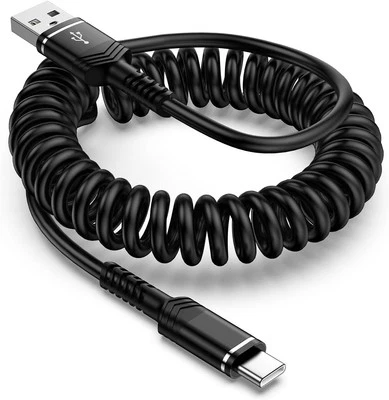 Cable USB C en espiral de 3 pies, cable de carga rápida retráctil para coche para Samsung Black  Foto 1 de 4