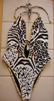 Luli Fama XL Black/White Animal Print With Gold Trim Halter One Piece Swimsuit - Image 1 of 4