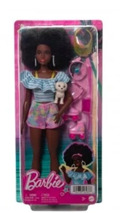 BARBIE bambola africana con pattini a rotelle accessori moda e cucciolo animale domestico NUOVO - Foto 1 di 6