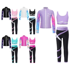 Kids Girls Sportwear Rhinestone Vest With Leggings And Sweatshirt Colorblock - Picture 1 of 64