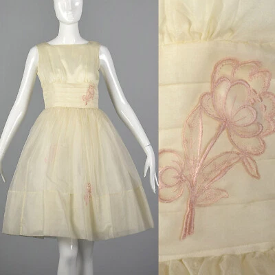 Vestido de novia de organza rosa con apliques florales sin mangas falda completa años 50 de colección S 1950 Foto 1 de 4