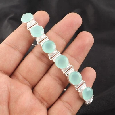 Aqua Chalcedony Gemstone 925 Sterling Silver Handmade Jewelry Bracelet Gift For - Image 1 of 3