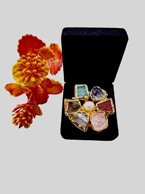 Natural Multi Stone Ring Adjustable Ring Natural Rough Ring Gold Plated Ring - Image 1 of 3