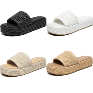 Athlefit Platform Sandals Women Comfort Open Toe Slip On Beach Raffia Sandals - Picture 1 of 25