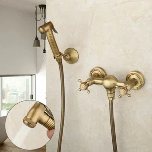Antique Brass Bathtub Faucet Dual Handles Rainfall Shower Wall Mounted Mixer Tap - Picture 1 of 11