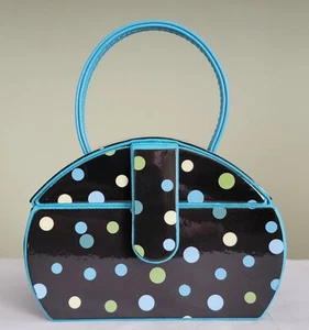 Vintage Mini Jewelry Purse Box Black with Polka Dots Aqua Handle - Picture 1 of 10