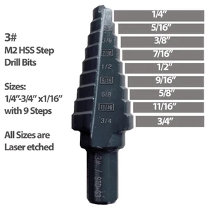 Brocas escalonadas HSS M2 negras oxidadas #3 con 1/4"-3/4"x1/16"" con orificio de 9 pasos - Imagen 1 de 8