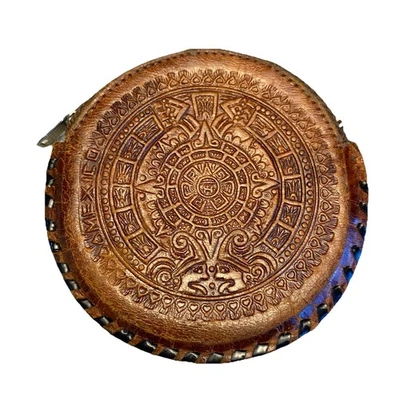 VTG 3.5” Stamped Leather Mexican Coin Purse Wallet W/Aztec Symbol Brown Tooled - Image 1 of 4