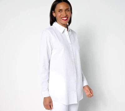 Camisa Joan Rivers Regular Seersucker Botón Delantero Blanca 1X Foto 1 de 2