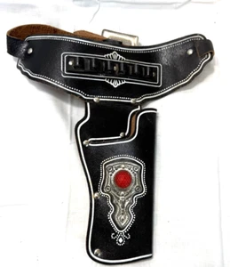 Vintage Child's Cap Gun Holster Black w/ Red Stone "silver" tone design - Picture 1 of 4