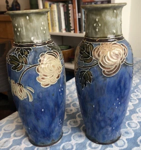 Pair Circa 1900 English Arts and Crafts Royal Doulton Florrie Jones Vases - Picture 1 of 5