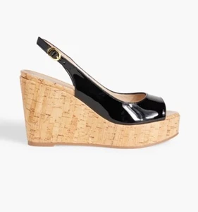 Stuart Weitzman Riveria Riviera schwarz Lack Peeptoe Kork Keilabsatz Slingback 7,5 - Bild 1 von 4