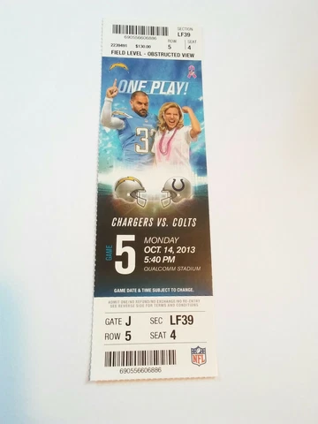 2013 San Diego Chargers Indianapolis Colts NFL Football Full Ticket Stub Cover
