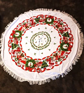 Vintage Round Fringed Christmas Tablecloth-53 inch Diameter - Picture 1 of 1