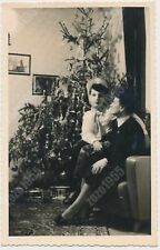 Christmas Tree Decorations Toys Presents Boy Hat Woman Sit in Lap vintage photo