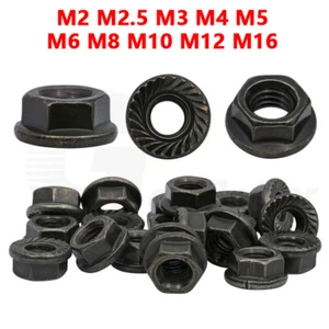 M2 M2.5 M3 M4 M5 M6 M8 M10 M12 M16 Serrated Flange Hex Lock Nuts DIN 6923 Black - Picture 1 of 18