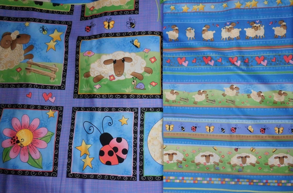 Patchworkstoff (€18/m²) 0,3m Bordüre Kinder Schäfchen Marienkäfer 1,1m breit - Bild 1 von 1