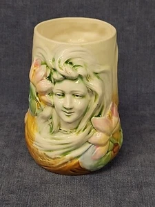 Nymph & Pink Waterlilies Majolica Art Nouveau Mug German Antique 1890s mADJ - Picture 1 of 7