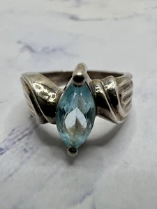 Rare Antique 925 Sterling Silver Marquise Cut Blue Topaz Solitaire Ring Size 6 - Picture 1 of 6