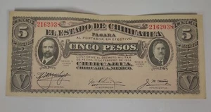 Mexican Chihuahua 1915 5 Pesos Banknote Mexico Currency Paper Money Civil War - Picture 1 of 8