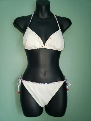 TRAJE DE BAÑO CALZEDONIA COBEY BLANCO ROJO AZUL TEXTURIZADO 2 PIEZAS CUERDA PARTE SUPERIOR INFERIOR S Foto 1 de 4