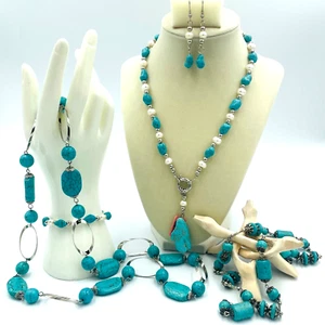 Conjunto de pendientes collar pulsera perlas turquesa tono plata bisutería - Imagen 1 de 17