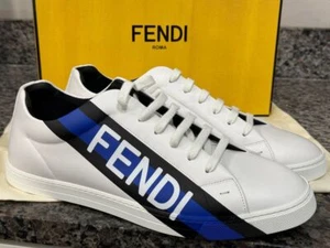 Fendi White Leather Low Top Fendi Logo Print Blue SZ 11 Sneakers - SAL 325571 - Picture 1 of 11