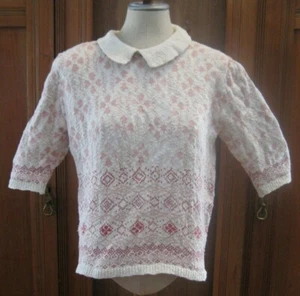 VTG 1980s LAURA ASHLEY Cotton Sweater White Pink Heart Women M L Handmade HTF - Picture 1 of 7
