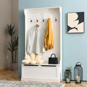 3-In-1 Hall Tree Coat Rack Shoe Bench Hooks Bottom Storage Entryway White Wood - Picture 1 of 12