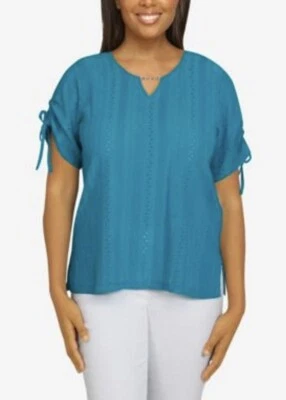 Alfred Dunner Petite CLASSICS Teal Blue Eyelet  Top Size PM NWT - Image 1 of 4
