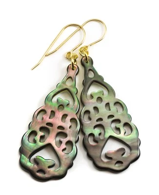 Mother of Pearl Black Shell Earrings Carved Teardrops MOP 14k Gold Sterling 2 " - Image 1 of 4