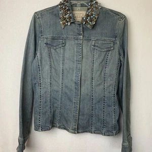 VINTAGE BRIGHTON WOMAN'S BLUE DENIM JACKET BEJEWELED COLLAR HEARTS BEADS VGC - Picture 1 of 8