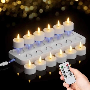 12 Rechargeable Tea Lights Candles with Charging Base and Remote Timer, Flame... - Picture 1 of 7