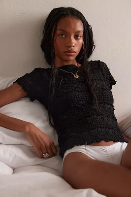 Free People Angelina Lace Tee Fp One Mesh Striped Short Sleeve Blouse Top XL NWT - Image 1 of 4