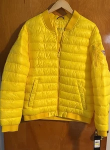 Guess Puffer Jacket Mens Medium Yellow Zip Pocket Lightweight - Picture 1 of 4