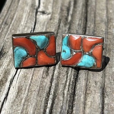 Zuni Vintage Turquoise Coral Raised Channel Inlay Cufflinks Sterling Silver T - Image 1 of 4