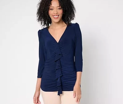 Dennis Basso Italia Tejido Cascada-Frente Top con Mangas 3/4 Azul Marino M A681191 Foto 1 de 4