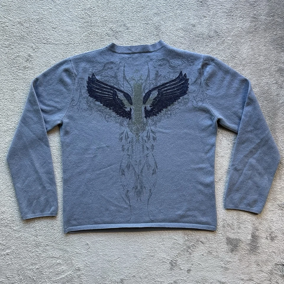 Neiman Marcus Men’s Sweater M 100% Cashmere Blue V-Neck Wing Cross Graphic Y2K - Image 1 of 4
