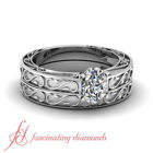 1/2 Carat Oval Shaped Diamond Solitaire Carved Filigree Engagement Ring And Band