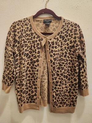 Sutton Studio Cashmere Womens sz S Animal Print 3/4 Sleeve Cardigan 1-7 - Image 1 of 4