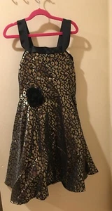 NWT RUUM GIRLS CHEETAH PRINT DRESS 10 BLACK GOLD 3D FLOWER ZIPPER IN BACK KIDS - Picture 1 of 2