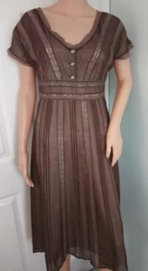 L K Bennett Kleid 100% Seide braun Streifen ausgestellt Spitze Tee Midi Knopfleiste UK10 - Bild 1 von 9