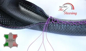 FOR AUSTIN A55 VAN 57-63 BLACK PERF LEATHER STEERING WHEEL COVER PURPLE STIT - Picture 1 of 6
